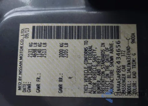 2014 Nissan Maxima S/Sv from USA, damaged, VIN 1N4AA5AP8EC434656